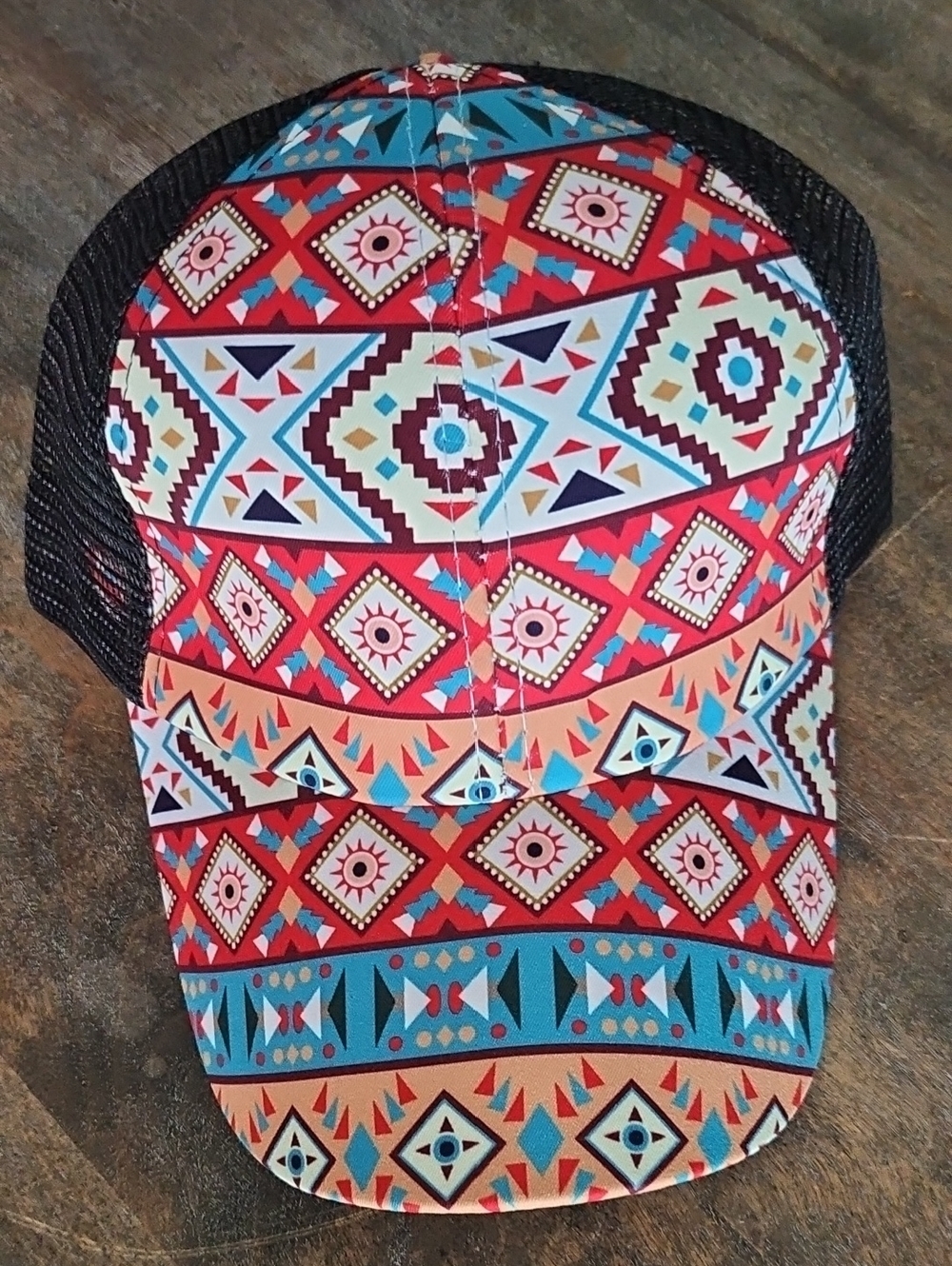NWT Aztec Pony Tail Baseball Trucker Hat With Black Mesh